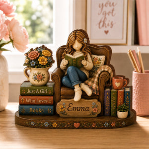 Just A Girl Who Loves Books Wooden Block, Personalized Girl Reading Book Plaque