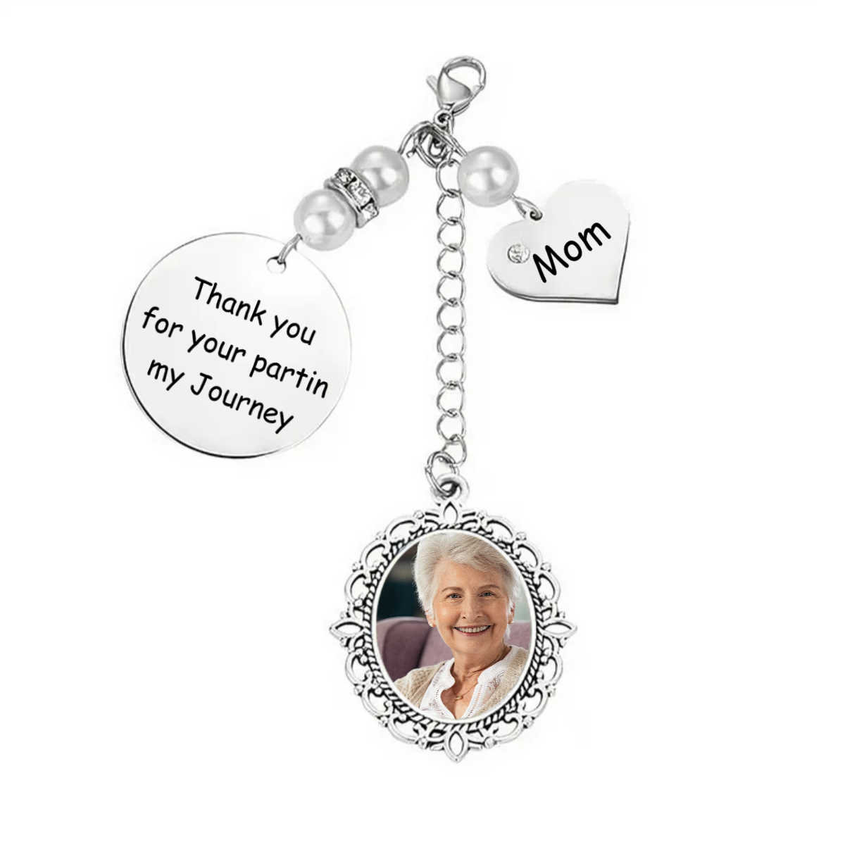 Personalized Wedding Bouquet Lacy Oval Charm With Photo and Heart Shaped Pendant