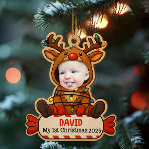 Baby In Reindeer Costume, Personalized Photo Christmas Wood Ornament
