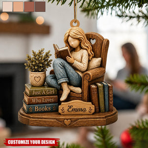 Personalized Book Lover Ornament, Custom Name Reading Girl Ornament