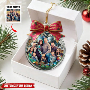 Custom Photo Family In Christmas Bow Ball - Personalized Photo Ornament