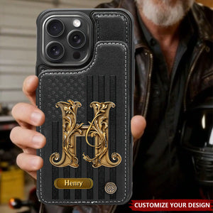 Personalized Initial Leather Wallet Phone Case - Gift For Family