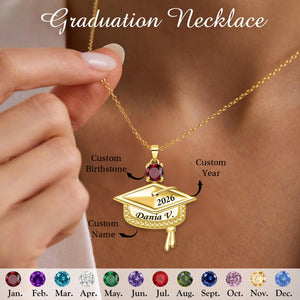 Personalized Graduation Cap Birthstone Necklace with Engraved Name and Year