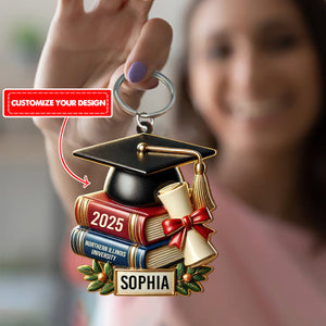 Personalized Graduation Cap, Books and Diploma Keychain, Gift for Graduates