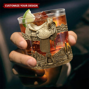 Horseshoe And Saddle - Personalized Horse Whiskey Glass