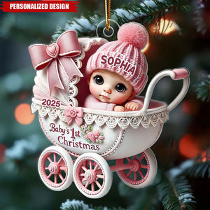 3D Effect Newborn Baby In Carriage Christmas Personalized Ornament