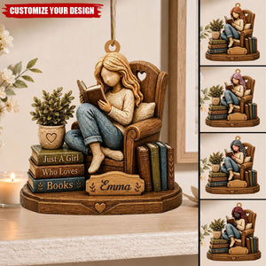 Personalized Book Lover Ornament, Custom Name Reading Girl Ornament