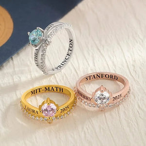 Personalized Birthstone Ring with Engraved Name Year and Text Dainty Jewelry Birthday Graduation
