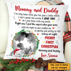 Mommy And Daddy First Christmas Photo Pillow