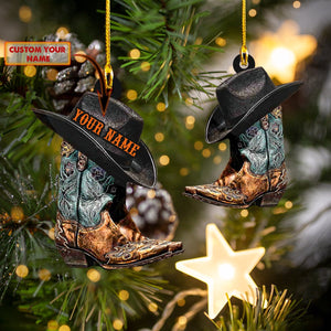 Cowboy Boots And Hat, Cowboy Christmas - Personalized Christmas Acrylic Ornament