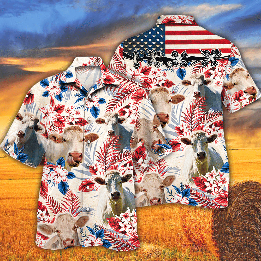 Charolais In American Flag Patterns Hawaiian Shirt