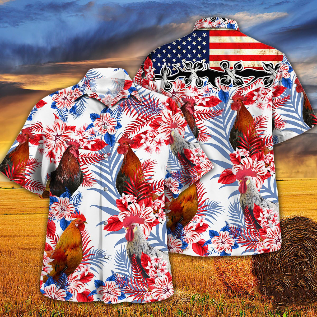 Chicken In American Flag Patterns Hawaiian Shirt