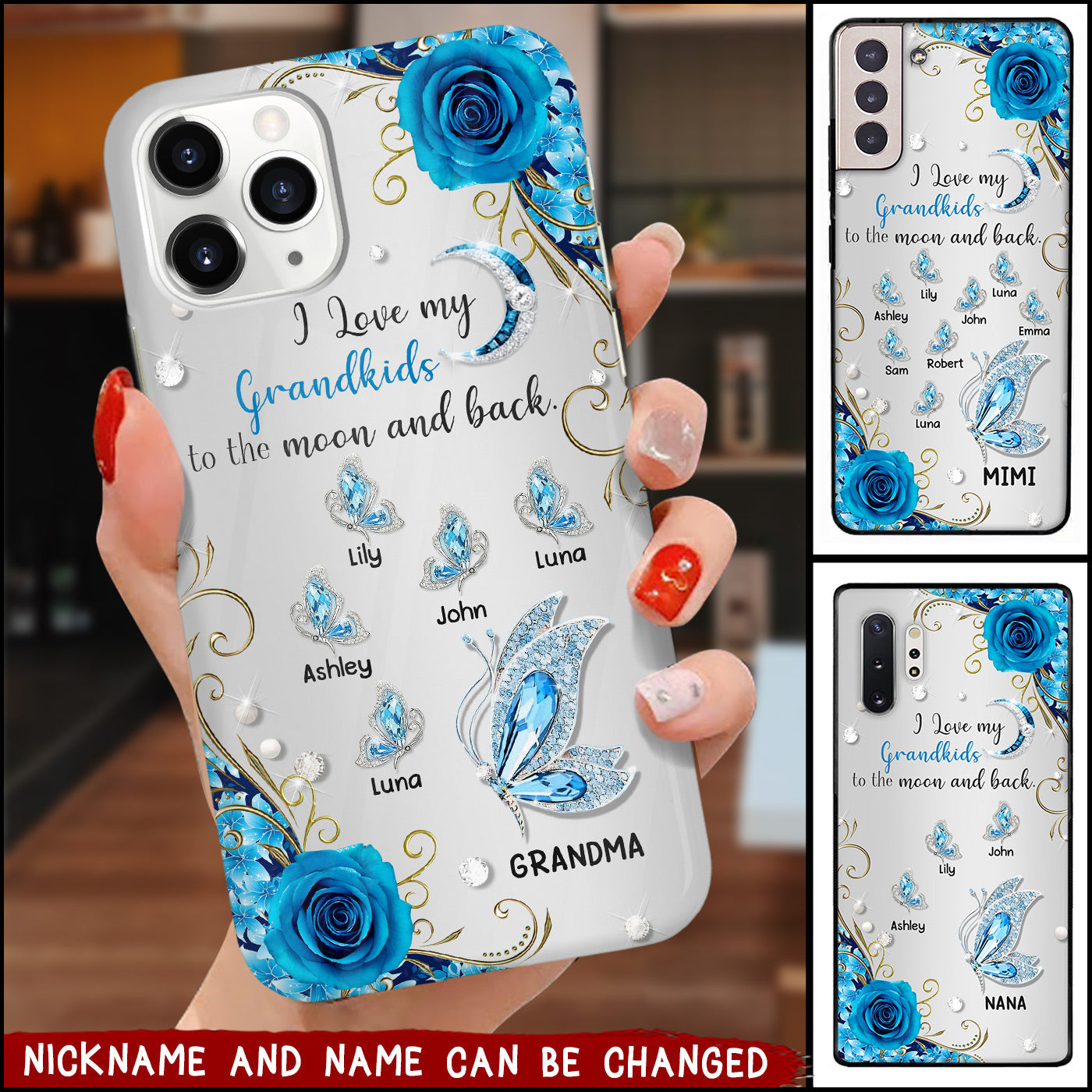 Personalized Butterfly Grandma Love My Grandkids To The Moon Floral Glass Phone case