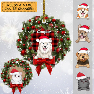 Personalized Dog Cat Christmas Wreath Xmas Pet Lover Gift Acrylic Ornament
