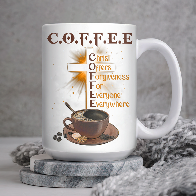 Coffee cup, Gift for coffee lover, Cross, Christ offers forgiveness for everyone - Jesus White Mug