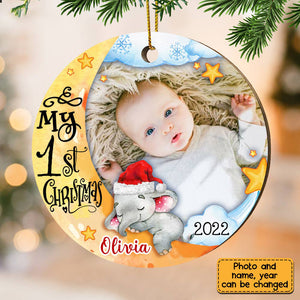 Baby's First Christmas Elephant Photo Ornament - Personalized Ceramic Ornament