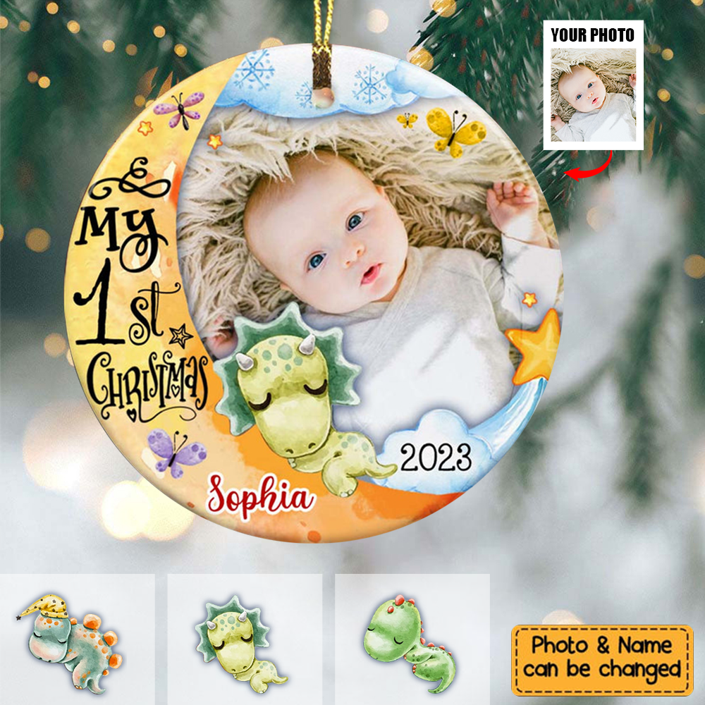 Gift For Baby First Christmas Dinosaur Nursery Photo Circle Personalized Ornament
