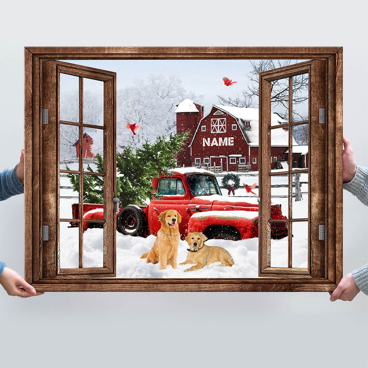 Personalized Pickup Truck Poster,Custom Dogs With Red Barn Christmas Poster