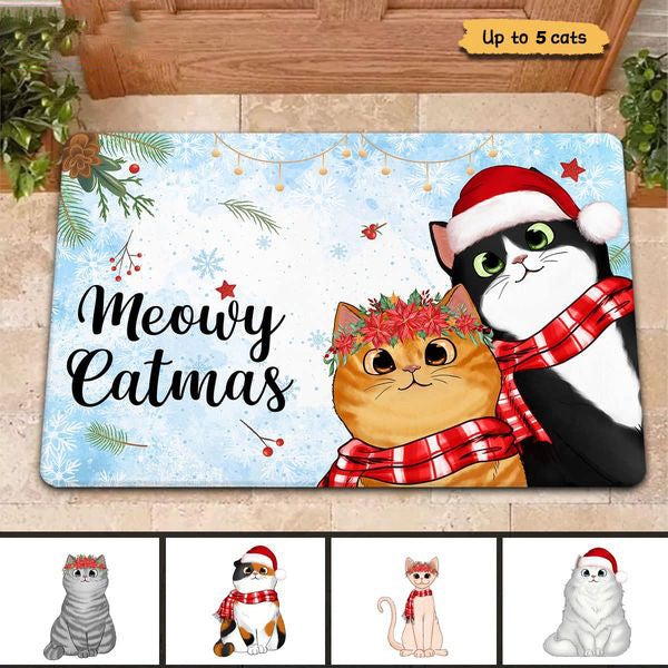 Meowy Catmas Cute Peeking Fluffy Cat Christmas Personalized Doormat