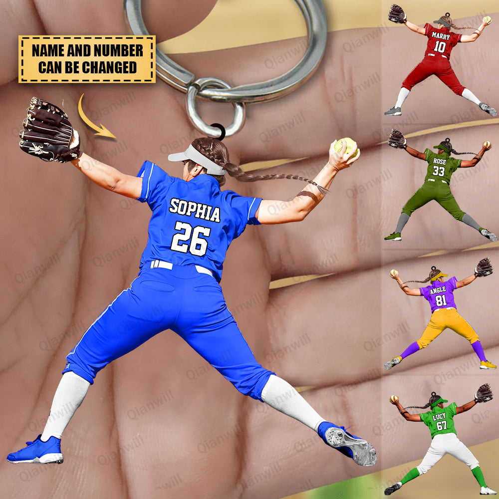 Personalized Softball Player Christmas Acrylic Keychain - Great Gift For Softball Lovers