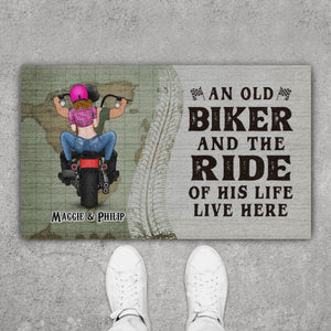 An Old Biker And The Ride Of His Life Live Here - Personalized Gifts Custom Motorcycle Doormat For Couples, Motorcycle Lovers