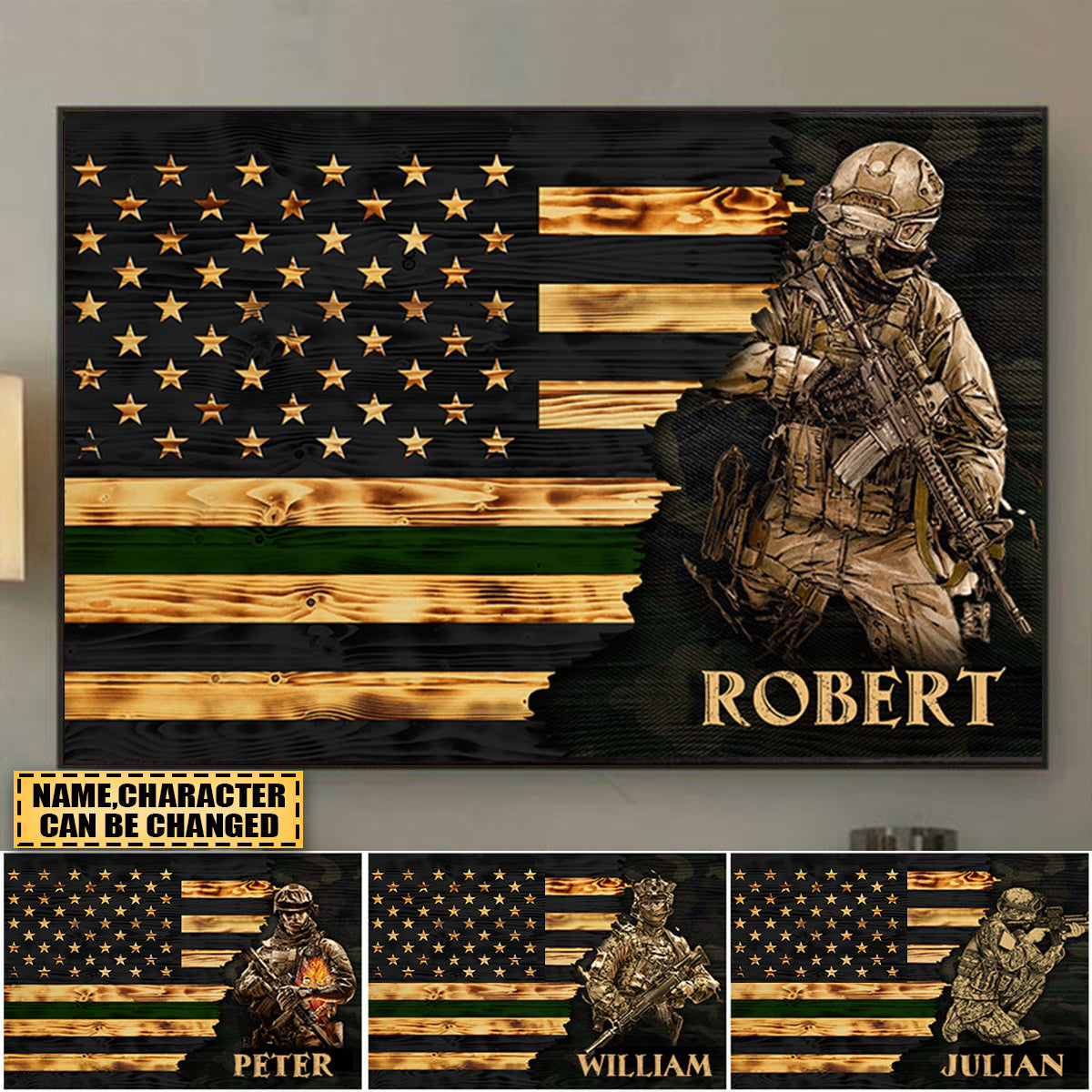 Personalized Branch & Name Half Thin Green Line Soldier Veteran Poster Canvas For Veterans