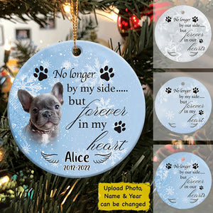 No Longer By Our Side But Forever In Our Hearts Dog Ornament - Personalized Ceramic Ornament