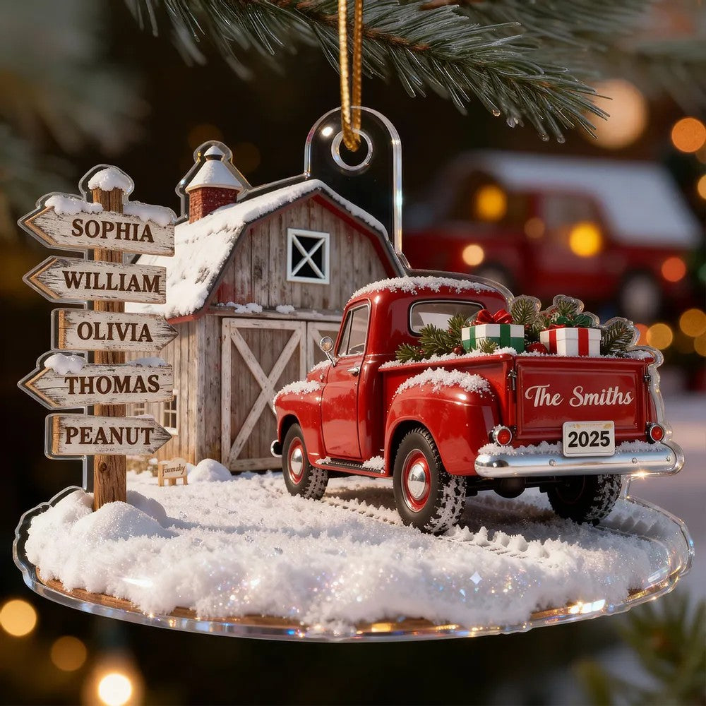 Nostalgia Christmas Truck Barn House Family Sign Posts Custom Names - Personalized Acrylic Ornament