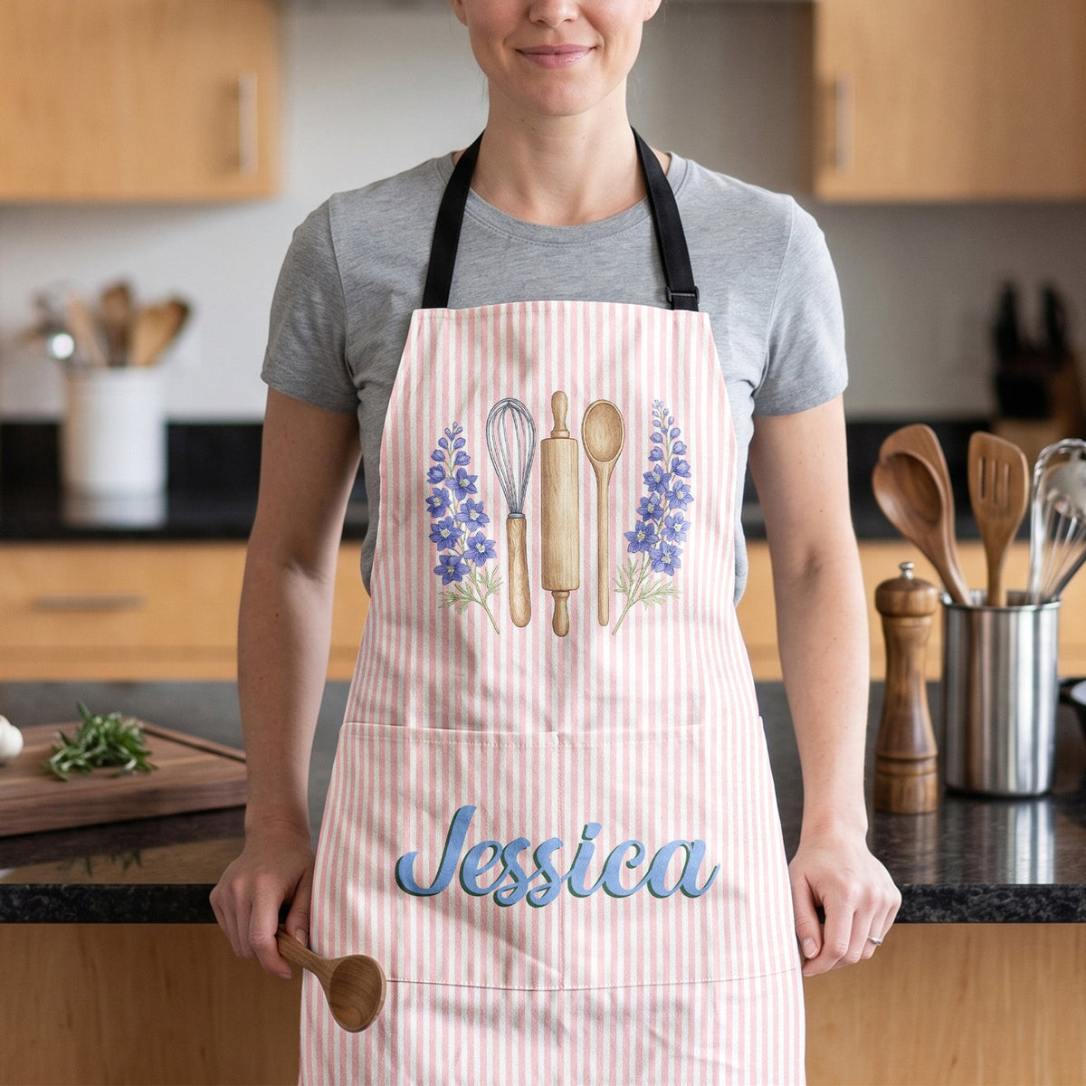 Custom Name & Birth Flower Striped Pattern - Personalized Apron