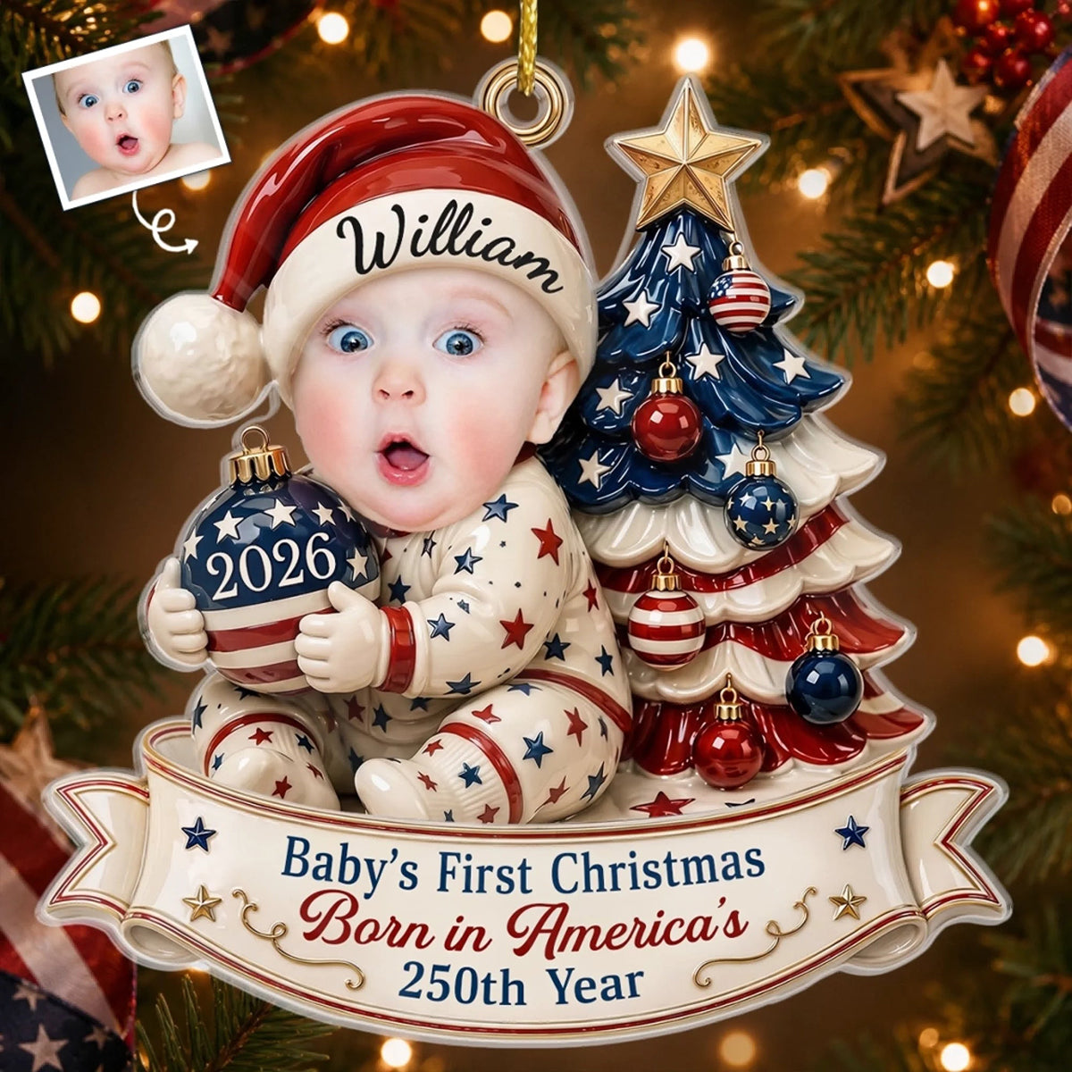 Personalized Baby's First Christmas Ornament, New Baby Photo Patriotic Ornament