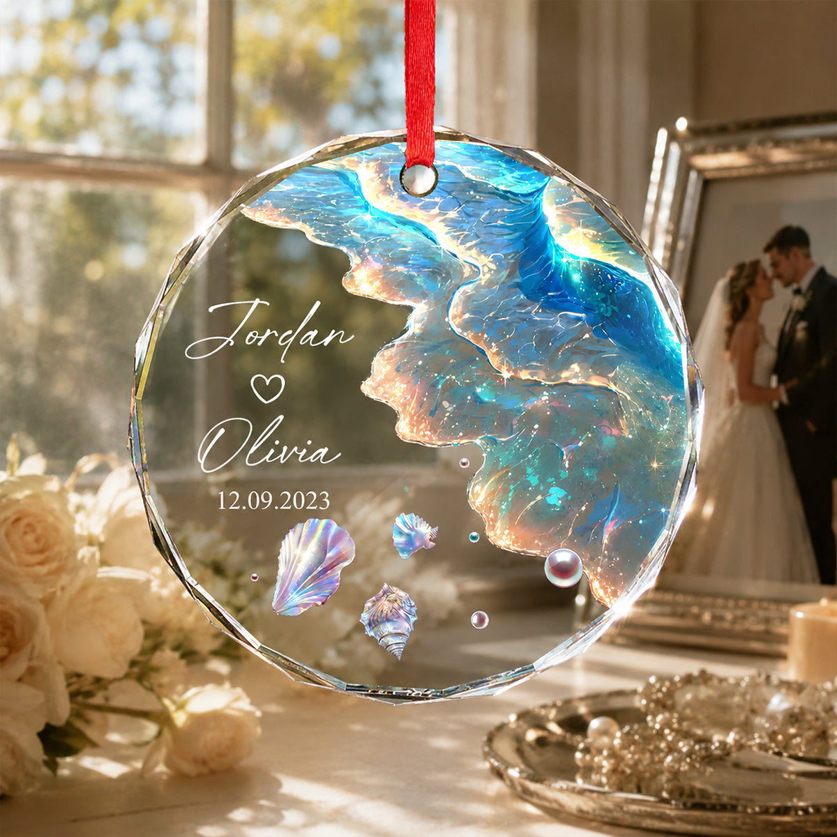 Ocean Wave Custom Engagement Wedding Gift for Couple - Personalized Glass Ornament