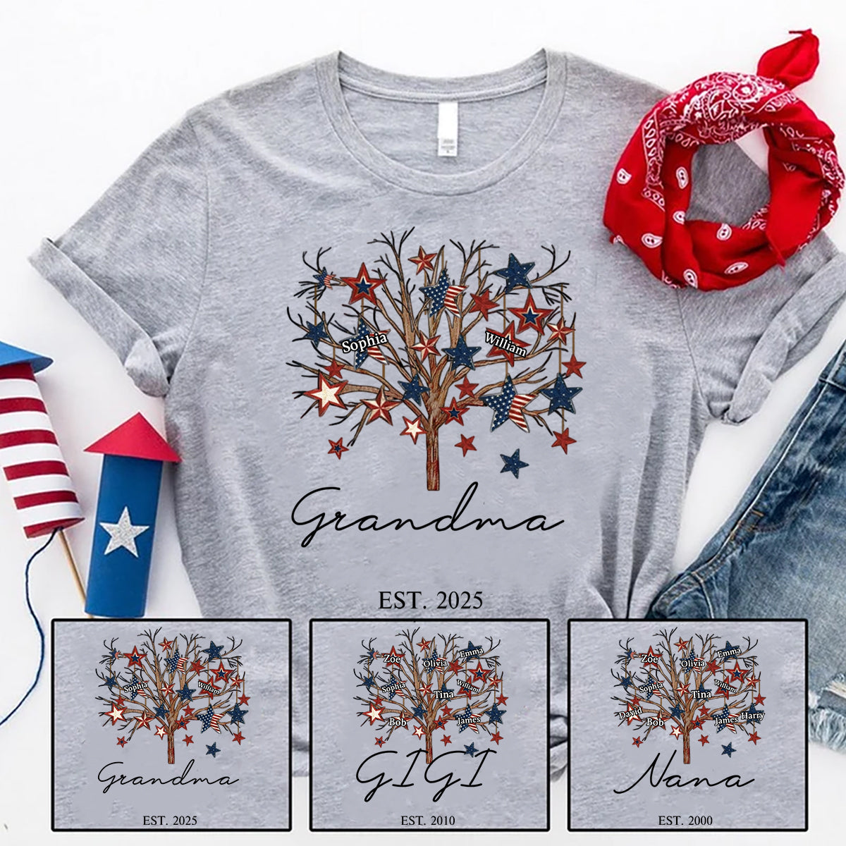 Personalized Grandma Tree Stars And Grandkids T-Shirt, Patriotic 4th Of July