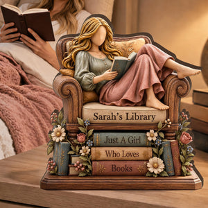Personalized Book Lover Wooden Block, Custom Name Reading Girl Desk Decor