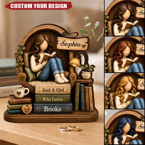 Personalized Girl Reading Wooden Plaque, Book Lover Gift