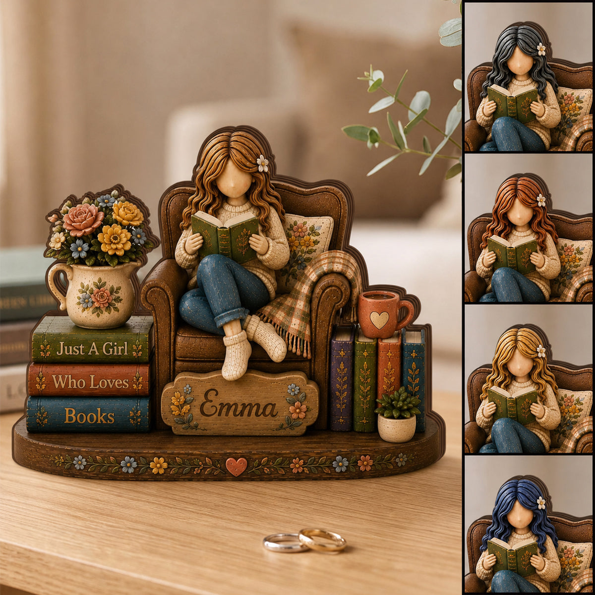 Just A Girl Who Loves Books Wooden Block, Personalized Girl Reading Book Plaque