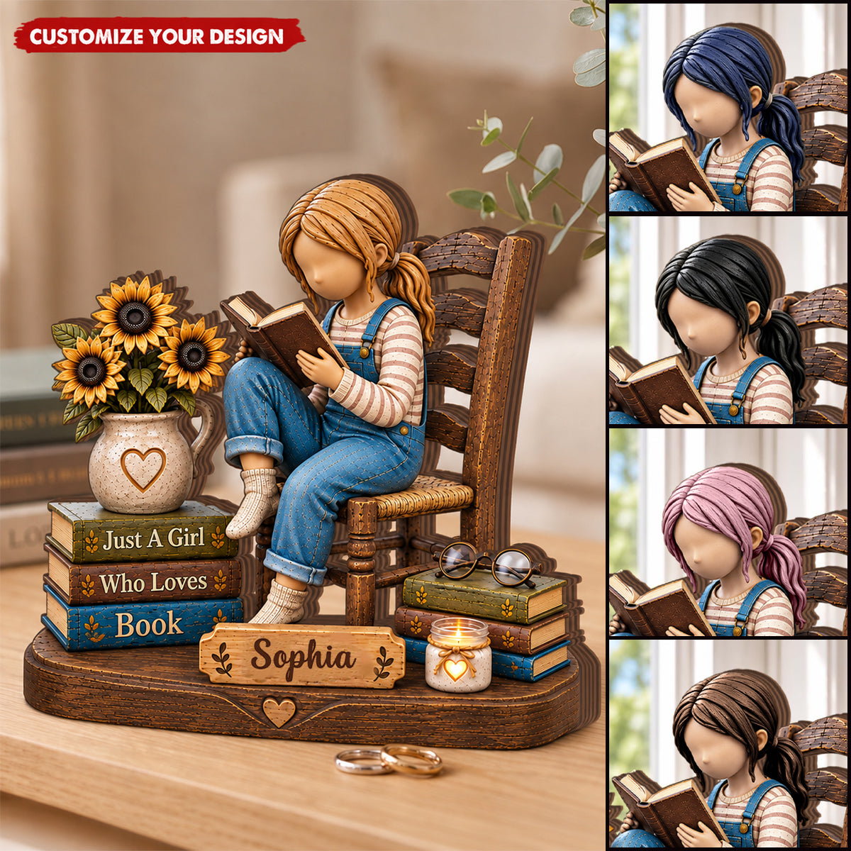Personalized Book Lover Wooden Block, Custom Name Reading Girl Decor