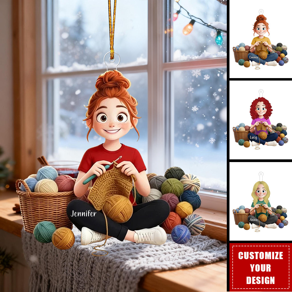 Personalized Acrylic Car Hanger with Cute Crocheting Woman