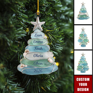 Custom Sea Glass Tree Ornament, Beach Family Christmas Decor, Coastal Keepsake