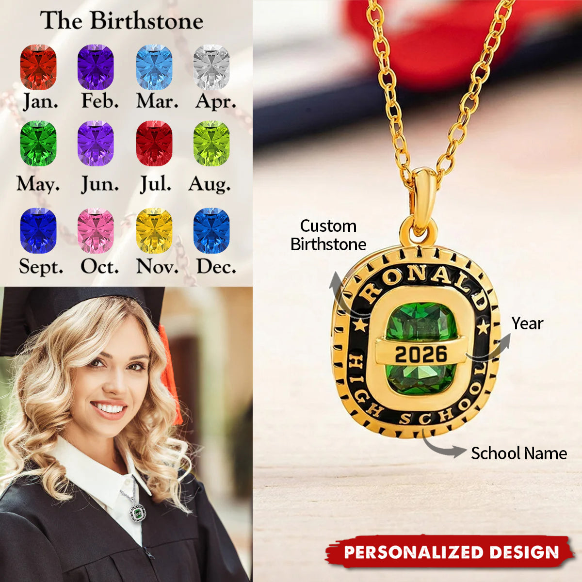 Personalized Birthstone Necklace - Class of 2026 Graduation Gift