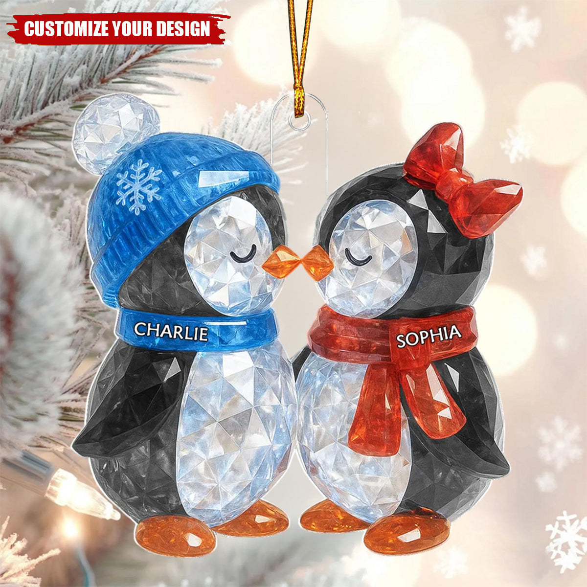 Christmas Penguins Couple Crystal Personalized Acrylic Ornament