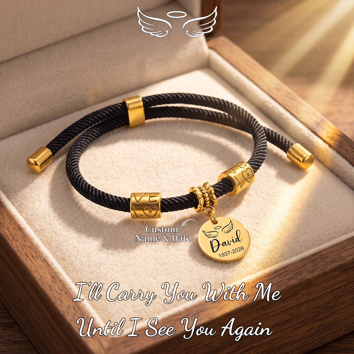 Always In My Heart, Personalized Wings Adjustable Woven Bracelet