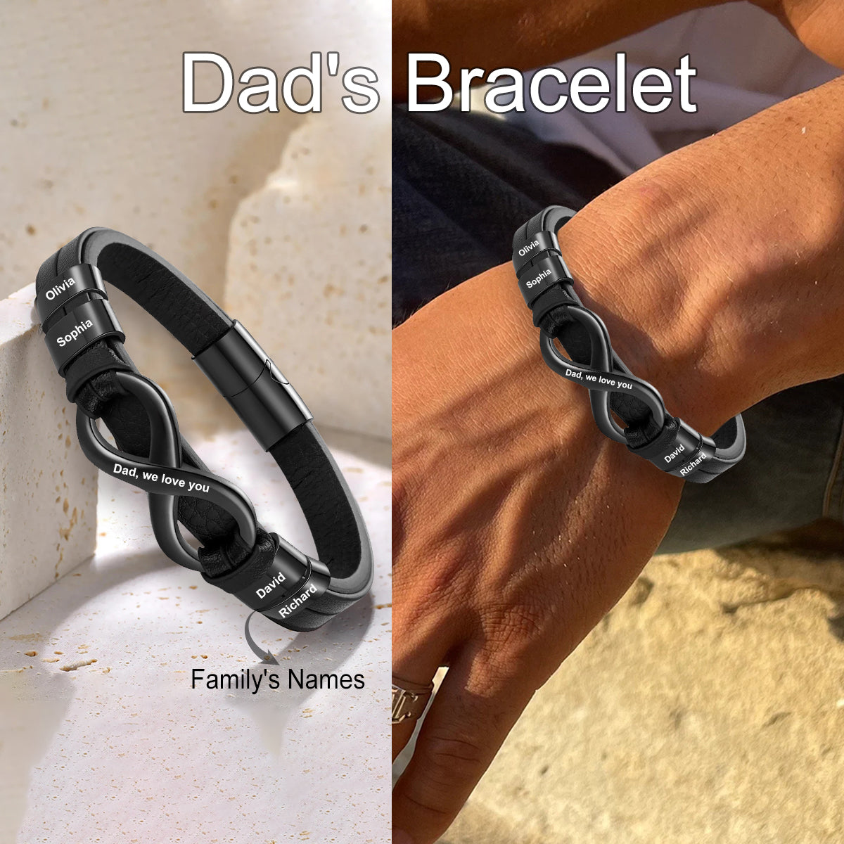 Personalized Custom Name Text Men Leather Bracelet, Gift For Husband Boyfriend Dad