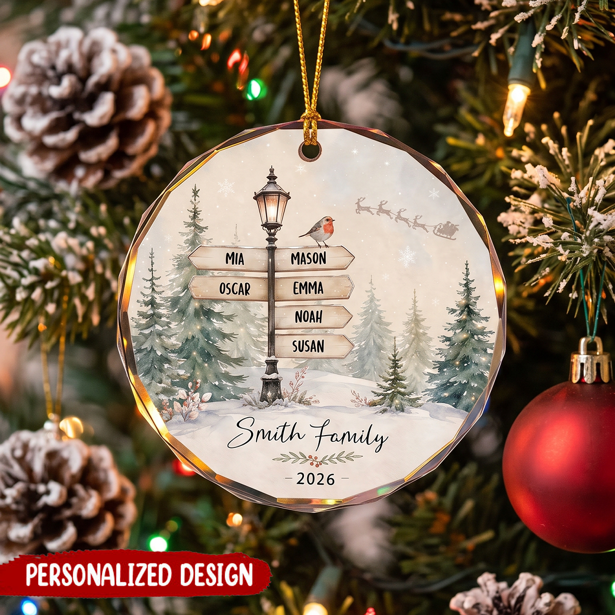 Custom Family Names Christmas Ornament, Personalized Snow Winter Keepsake