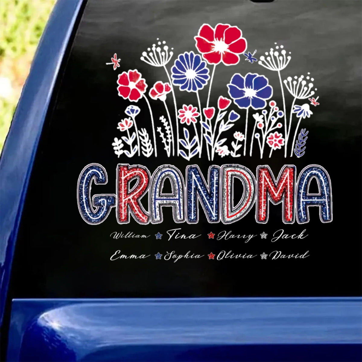 Personalized Floral Grandma With Kids Names, 4th Of July Patriotic Sticker