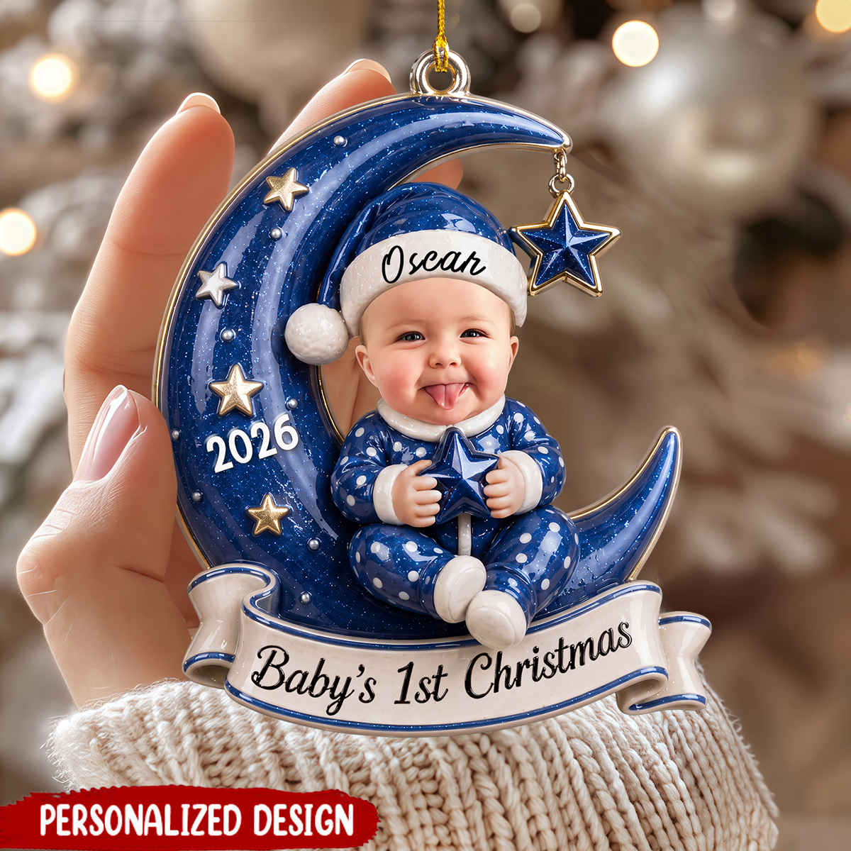 Personalized Baby's First Christmas Ornament, Custom Photo Santa Hat Moon and Star Keepsake