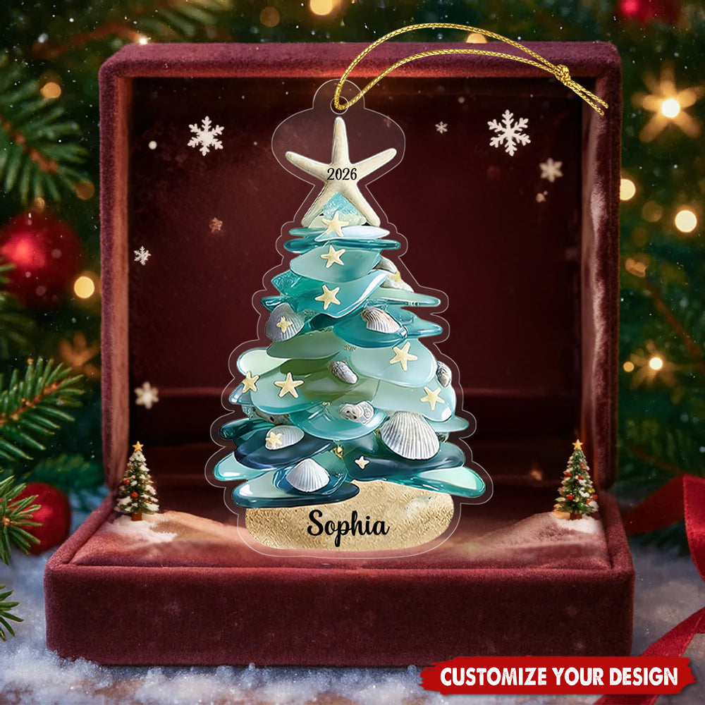 Personalized Sea Glass Christmas Tree  Ornament, Custom Name Coastal Ornament