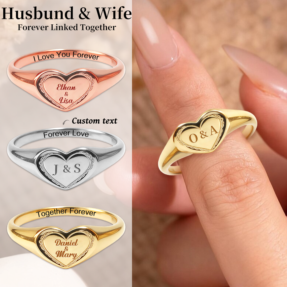 To My Love, Personalized Heart Couple Engraved Ring