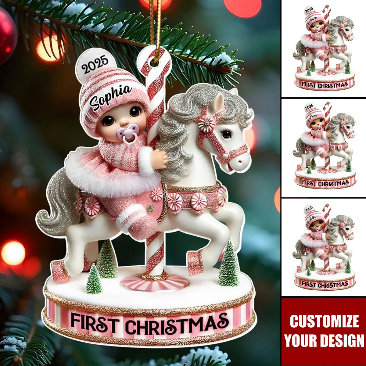 Baby's First Christmas Cute Baby On Carousel Horse Personalized Acrylic Ornament