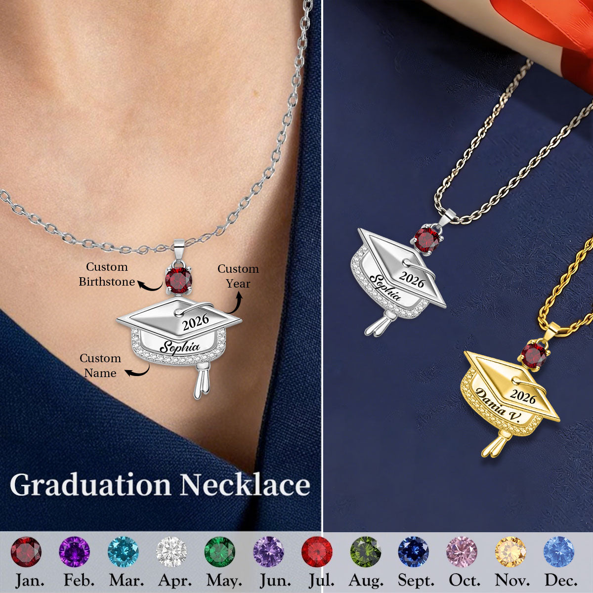 Personalized Graduation Cap Birthstone Necklace with Engraved Name and Year