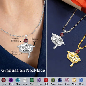 Personalized Graduation Cap Birthstone Necklace with Engraved Name and Year
